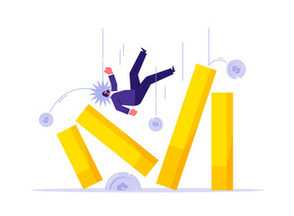 Financial crisis or stock market crash concept with businessman falling down, symbol of market crash, recession, bankruptcy and loss
