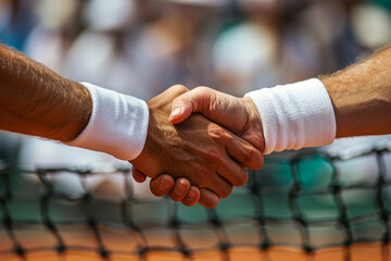 Close-up of two tennis players shaking hands over the net, symbolizing sportsmanship and respect after a match.