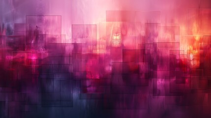 Obraz premium An abstract background featuring layered squares with varying transparency, shades of purple and pink, hd quality, digital rendering, creating depth, geometric pattern, modern design.