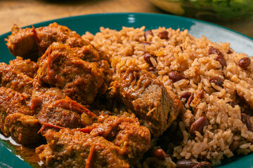 Rice congri with pork fricassee. Typical Cuban food.
