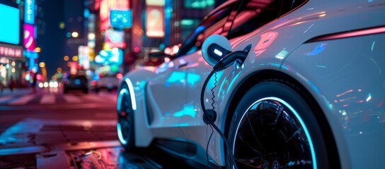 Image of a futuristic electric car charging at night in a modern urban cityscape, showcasing advanced technology and sustainability in the urban environment with illuminated city lights