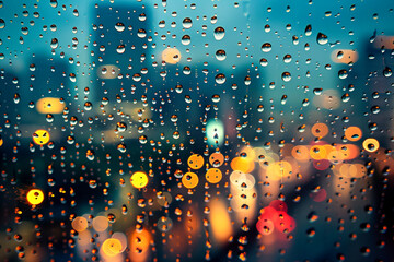 Close up rain drops on glass with a bokeh night time background
