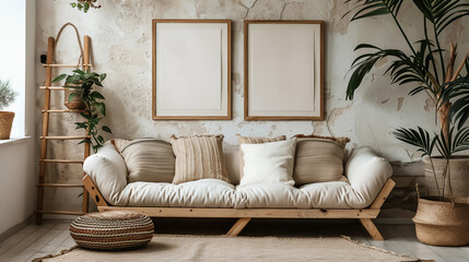 Beige mockup poster frame in cozy boho interior design of modern living room with wooden sofa, ladder and natural accessories. home decor concept