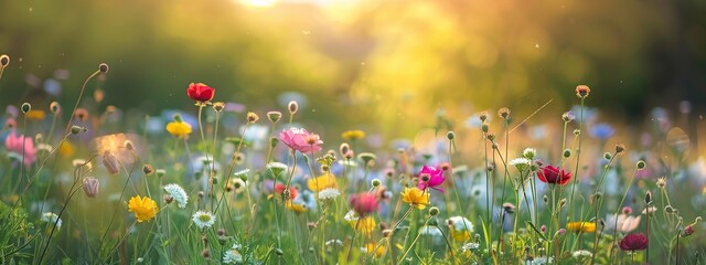 Tranquil spring meadow with vibrant wildflowers with gentle sunlight shining on them. The flowers have various colors with a smooth blur effect and dreamy bokeh