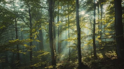 A dense forest with tall trees and sunlight filtering through the leaves.