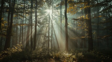A dense forest with tall trees and sunlight filtering through the leaves.