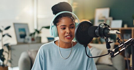Podcast microphone, headphones and black woman talking for broadcast with audio recording and...