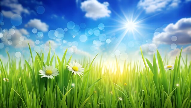 Abstract Nature Background: Grass and Blue Sky for Spring or Summer. Perfect for: spring and summer promotions, nature-themed designs, eco-friendly advertisements, social media posts, website banners. - Powered by Adobe