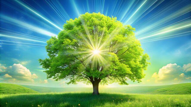 Spring-Summer Panorama with Green Tree, Sunlight, and Sun Rays. Perfect for: seasonal promotions, nature-themed designs, eco-friendly advertisements, social media posts, website banners.
