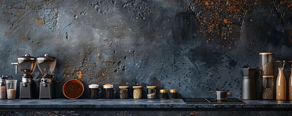 Editorial style photo of barista accessories arranged on a stone black background with copyspace