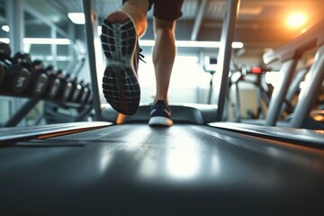 Active running workout of a male athlete in a fitness center. Close-up of feet in sneakers, man athlete working out on a treadmill.