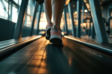 Active running workout of a woman in a fitness center. Close-up of legs in sneakers, girl athlete doing sports on a treadmill.