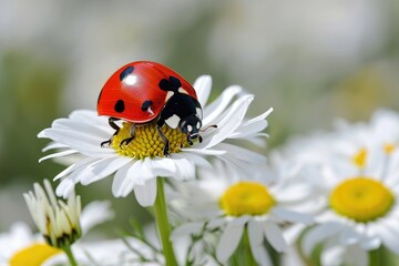 Fototapeta premium Ladybug, red with black dots sits on a daisy. A beautiful bright insect crawls on a flower on a sunny day.