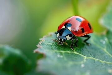 Fototapeta premium Ladybug, red with black dots green plant leaf. A beautiful brightly colored insect crawling on a bush leaf on a sunny day.