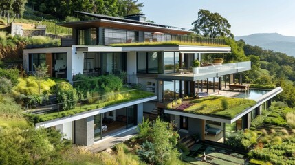 A modern, eco-friendly home with solar panels, green roofs, and a garden
