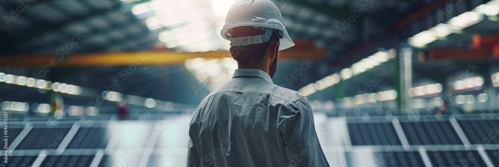 Poster an industrial engineer oversees quality control, maintenance, and processes in a solar panel factory