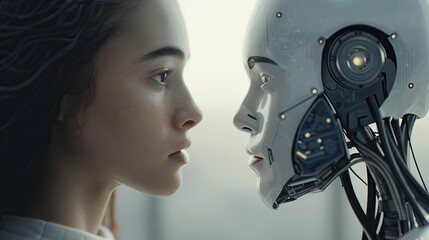 Fototapeta premium Human and robot in close encounter symbolizing future of AI-human relationships technology connection