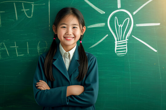 Bright ideas concept - A young female student with a big smile standing next to a chalkboard with an idea lightbulb drawn in chalk. Big Ideas.
