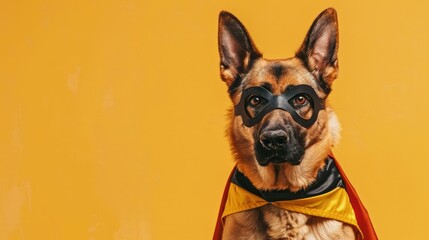 Obraz premium Heroic Leap, German Shepherd in Mask and Flag Cape Soaring Against Light Yellow Background
