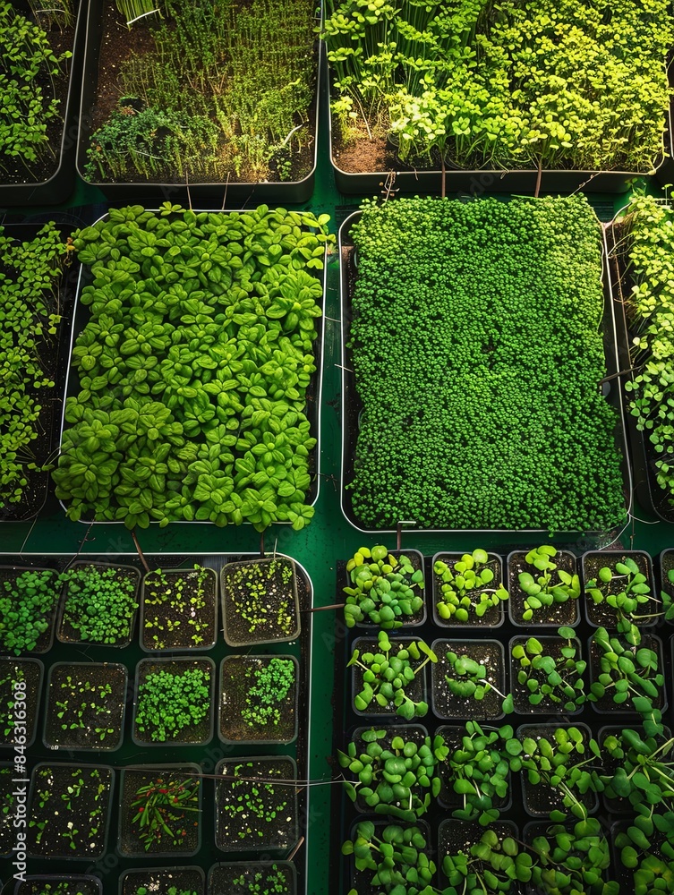 Leinwandbilder A top-down view of a microgreen farm showing various types of microgreens growing in trays. Generative AI