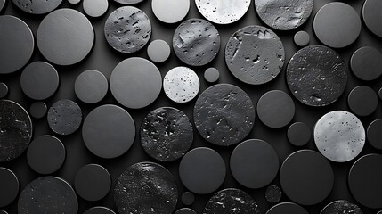 An abstract background with circle mosaics in monochrome shades, varying sizes and textures, hd quality, digital illustration, sophisticated design, high contrast, modern aesthetic, geometric pattern.