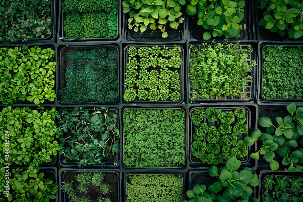 Poster A top-down view of a microgreen farm with rows of trays filled with different types of microgreens. Generative AI