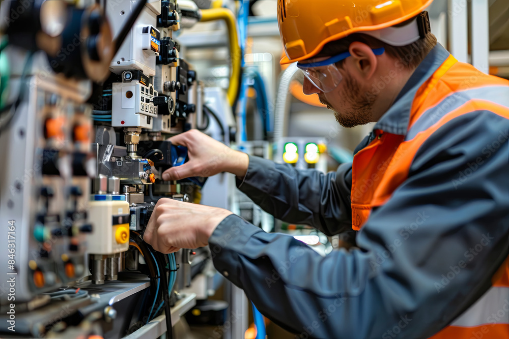 Wall mural engineer installing and testing an industrial robot in a manufacturing setting, showcasing advanced 