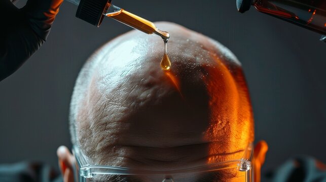 Dropper vitamin applied to bald head from top view, isolated background with perfect studio lighting, showcasing hair treatment advertisement
