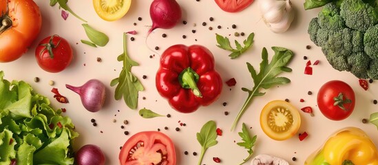 Top-down image featuring vegan food components: salad and crisp veggies