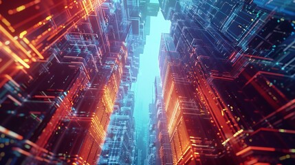 Geometric shapes intertwine to create an intricate lattice of interconnected lines, resembling a modern cityscape against a backdrop of serene colors.