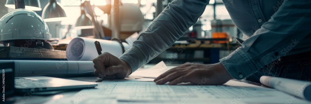 Poster a skilled architect is seen diligently working on blueprints during sunset in a sleek modern office,