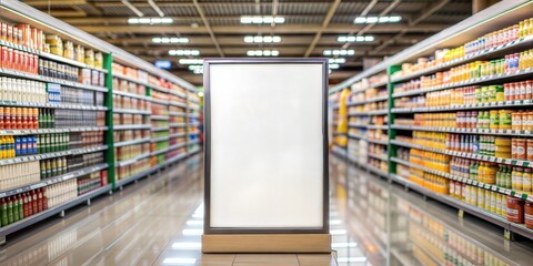 End Cap Display Mockup Blur: A blurred background of an end cap display in a supermarket with a blank advertising mockup, ideal for highlighting featured products.
