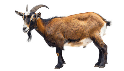 Obraz premium A brown goat with horns, standing, isolated on transparent background cutout. Perfect for rural, farm, animal, and livestock-themed projects