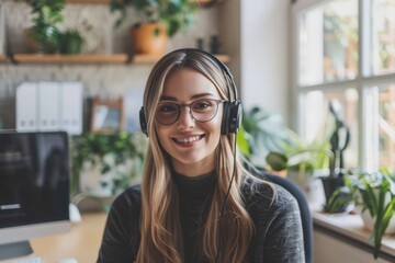 Smiling Female Customer Service Representative Headset Home Office Professional Helpdesk Support Agent Plants