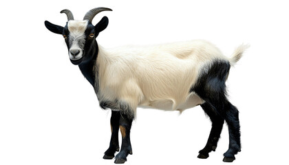 Obraz premium A detailed image of a black and white goat standing, isolated on transparent background cutout. 