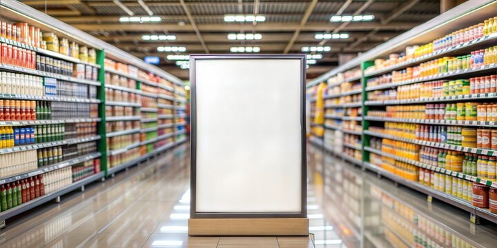 End Cap Display Mockup Blur: A blurred background of an end cap display in a supermarket with a blank advertising mockup, ideal for highlighting featured products.
