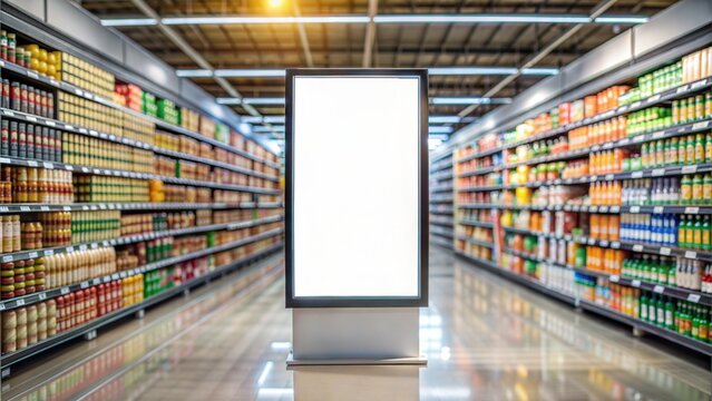 End Cap Display Mockup Blur: A blurred background of an end cap display in a supermarket with a blank advertising mockup, ideal for highlighting featured products.
