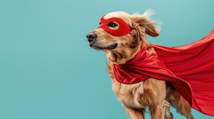 Playful Hero, Golden Retriever in Red Mask and Cape Mid-Flight