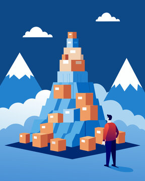 Mountains of unsold inventory towered over the lone employee making them feel like a tiny speck in the vast sea of merchandise.. Vector illustration