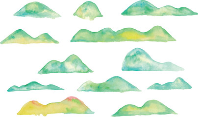 水彩画。水彩タッチで描いた山のイラスト。水彩の山々。手描きの自然背景。夏の森林風景。Watercolor painting. Illustration of mountains with watercolor touch. Mountains in watercolor. Hand painted nature background. Forest landscape in summer. © necomammma