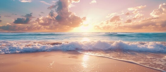 Engaging description of tranquil ocean waves under a beautiful sunrise or sunset sky on a tropical beach. A picturesque coastal scene with stunning nature for a peaceful summer escape