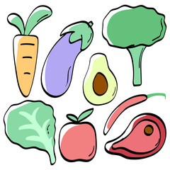 cute pastel color protein and vegetables icons set. carrot, apple, chili, eggplant, meat, avocado. simple funny doodle hand drawn flat simple vector illustrations