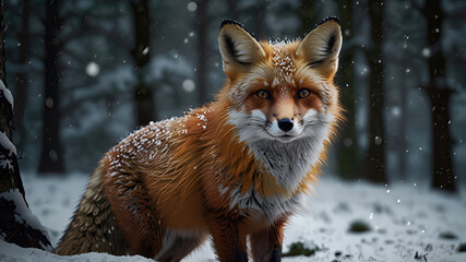 Obraz premium fox in the dark forest, wildlife photography