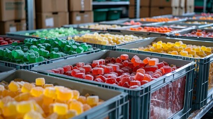 Packed crates of jelly fruit snacks in assorted flavors, ready for shipment, colorful and appealing, organized in a clean shipping area
