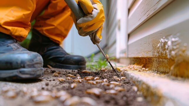 Expert termite control service treating an infested house, professionals using advanced equipment, ensuring thorough eradication and home safety
