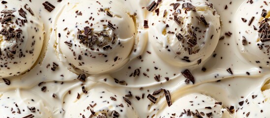 Fototapeta premium Italian-style stracciatella ice cream with dark chocolate flakes on a vanilla base in a top-down shot showcasing its textured beauty