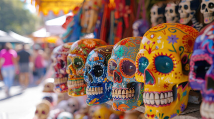 Fototapeta premium Vibrant street markets selling Day of the Dead items