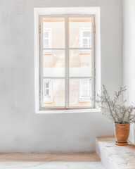 Window in an empty room with neutral tones. Home interiors with copy space.