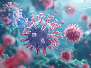 A visual narrative on infection control featuring a close-up of combating airborne pathogens using Sharp-edge CG 3D techniques