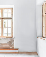 Window in an empty room with neutral tones. Home interiors with copy space.